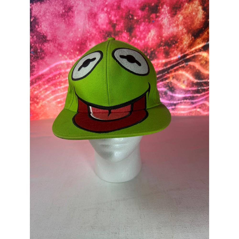 Y2K 2004 Muppets Kermit the Frog Face Green Cotton Flat Brim Hat Size M